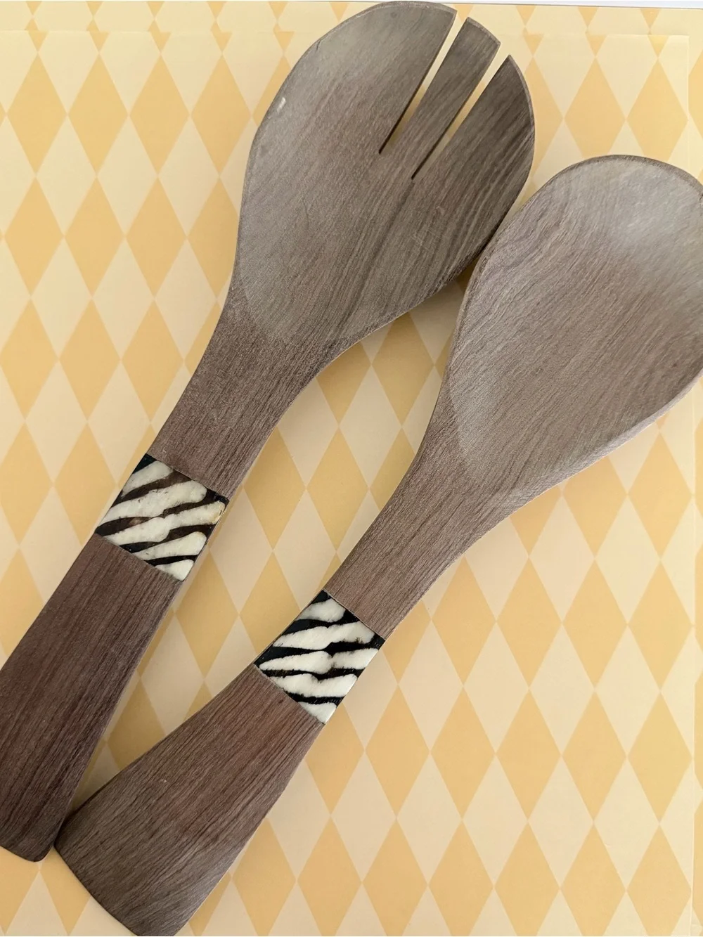 Handmade Olive Wood Salad Serving Set with Black & White Zebra Accent
